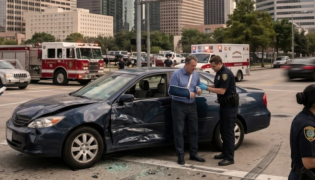 Police officer assisting injured driver beside damaged car after accident.