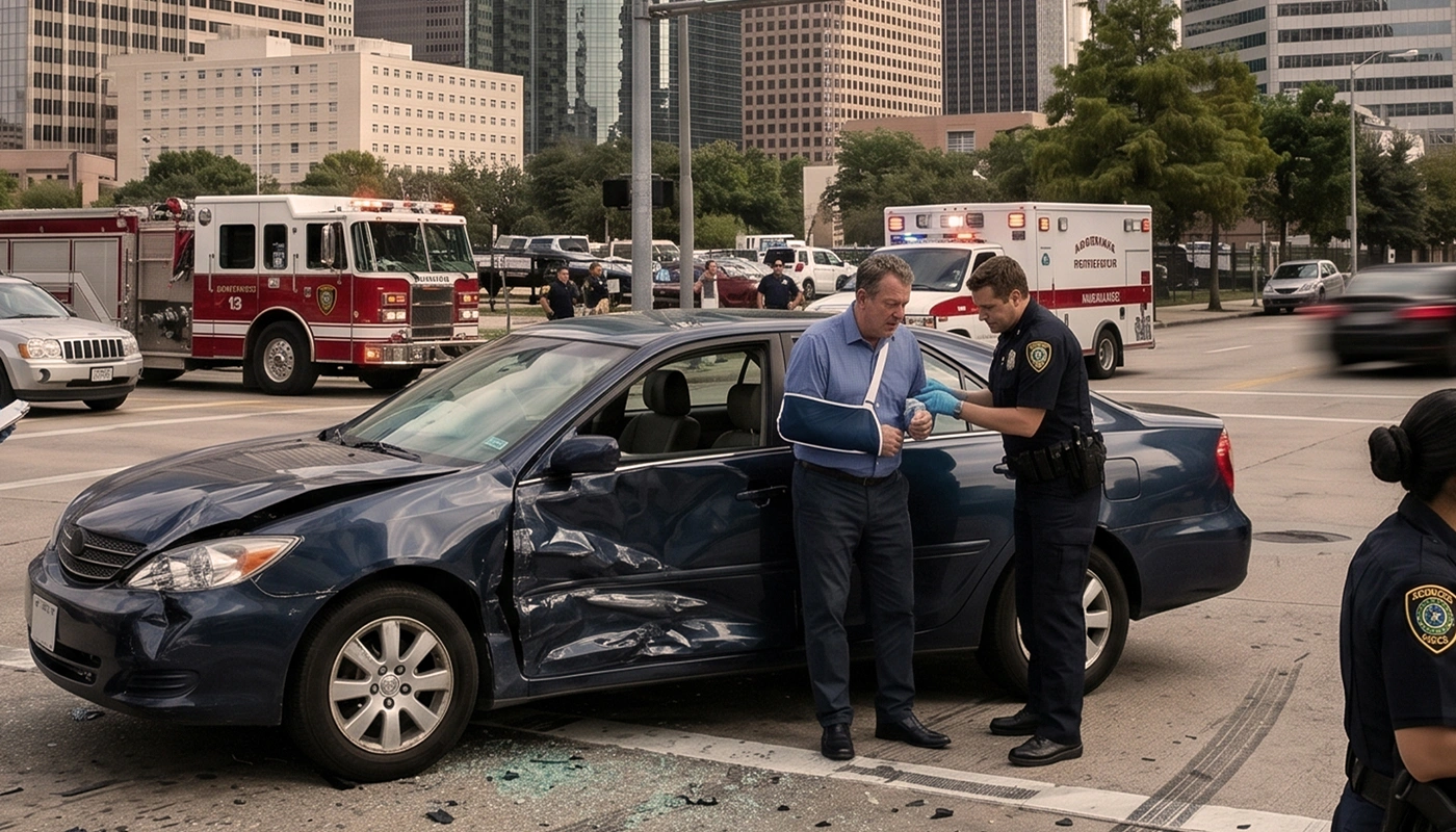Police officer assisting injured driver beside damaged car after accident.