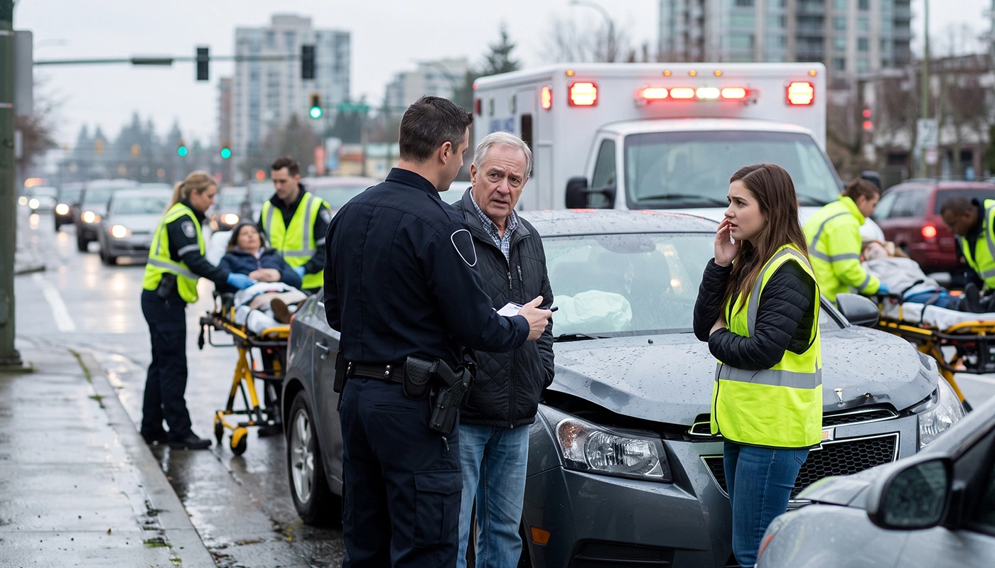 Police officer taking statement from distressed drivers near accident scene.