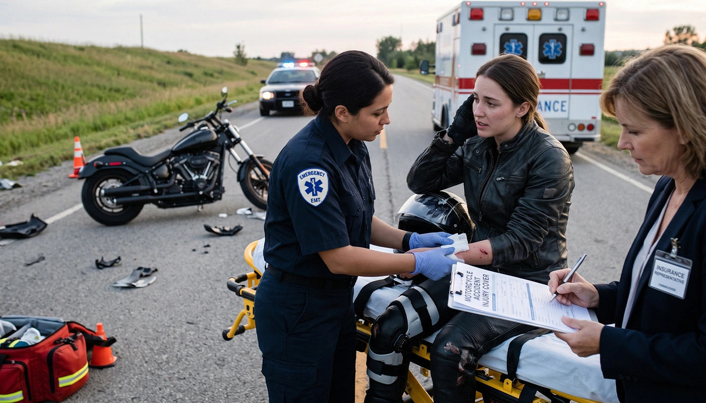 EMT bandages injured motorcyclist on gurney; insurance rep documents accident scene.
