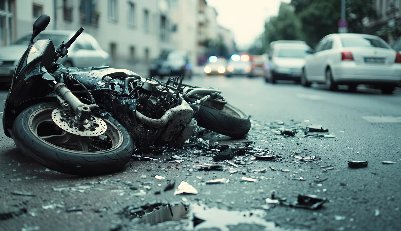 Damaged motorcycle lying on city street surrounded by scattered debris.