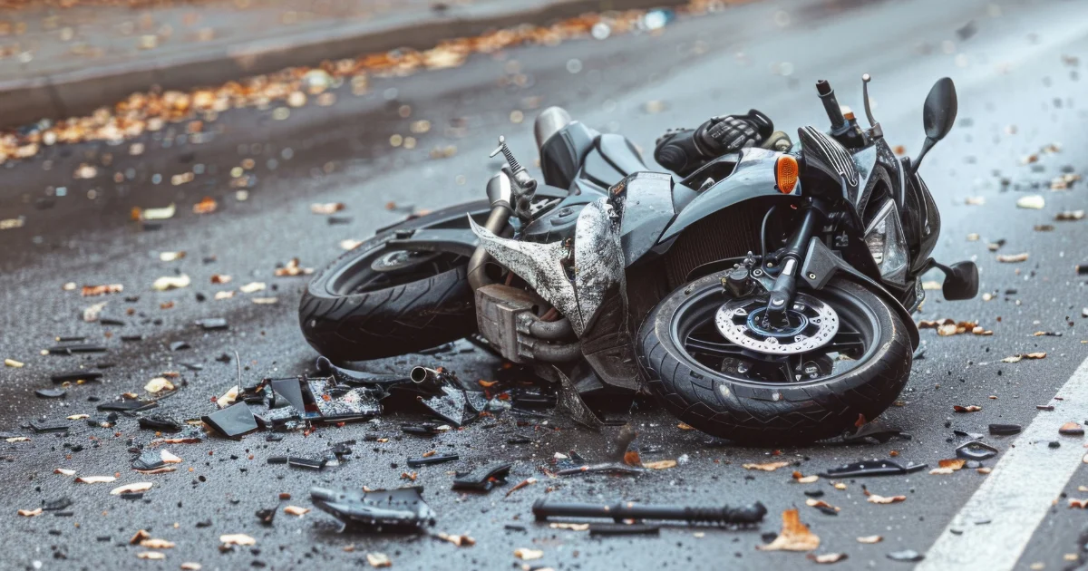 Wrecked motorcycle after serious road accident
