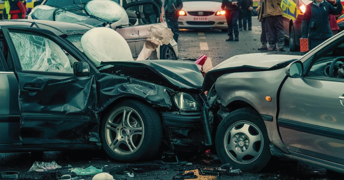 Badly damaged cars at a highway accident
