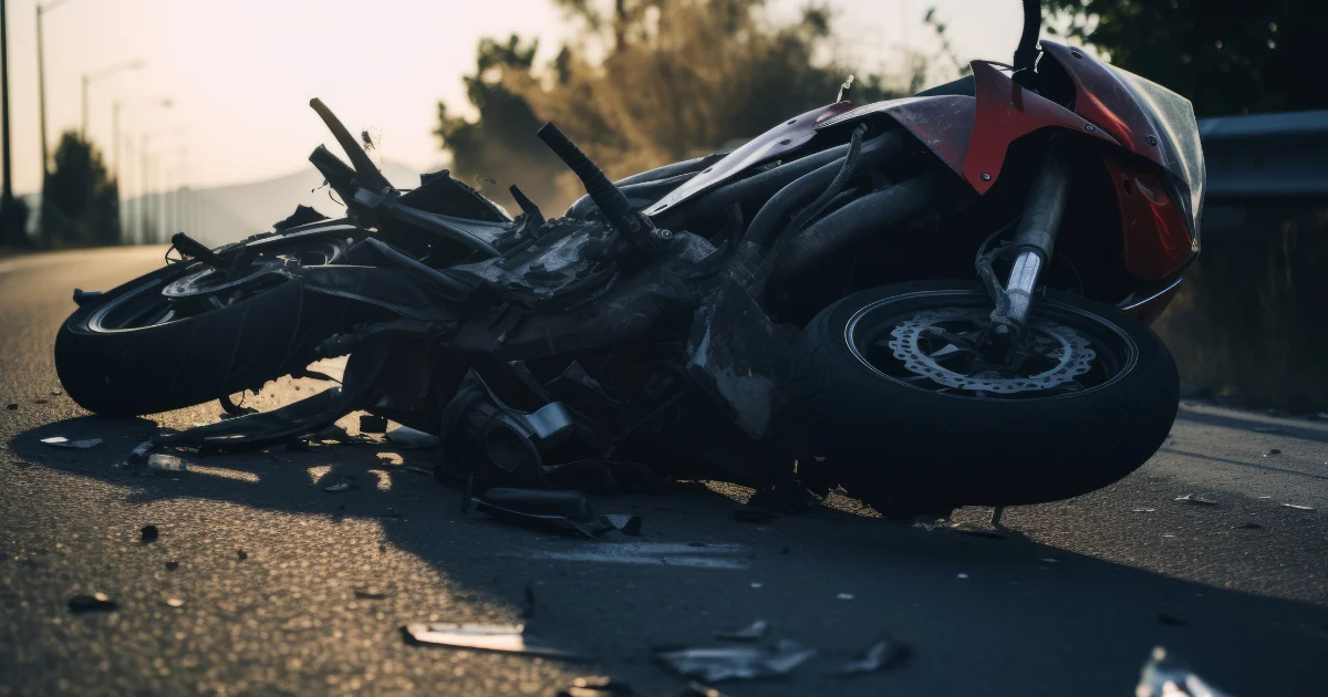 Damaged motorcycle after highway accident